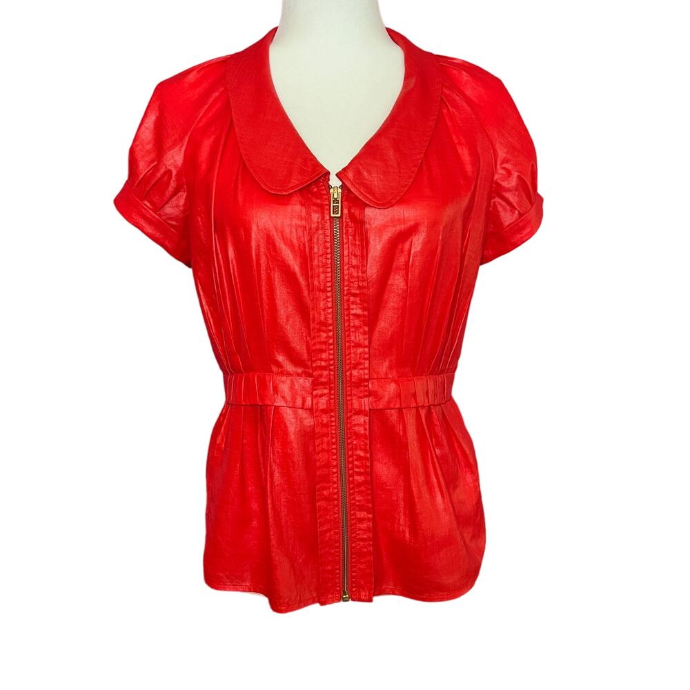 Armani Exchange Red Sheen Short Sleeve Zipper Top Womens S